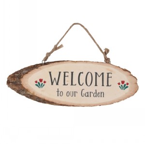 WELCOME TO OUR GARDEN WOODEN SLICE HANGING SIGN